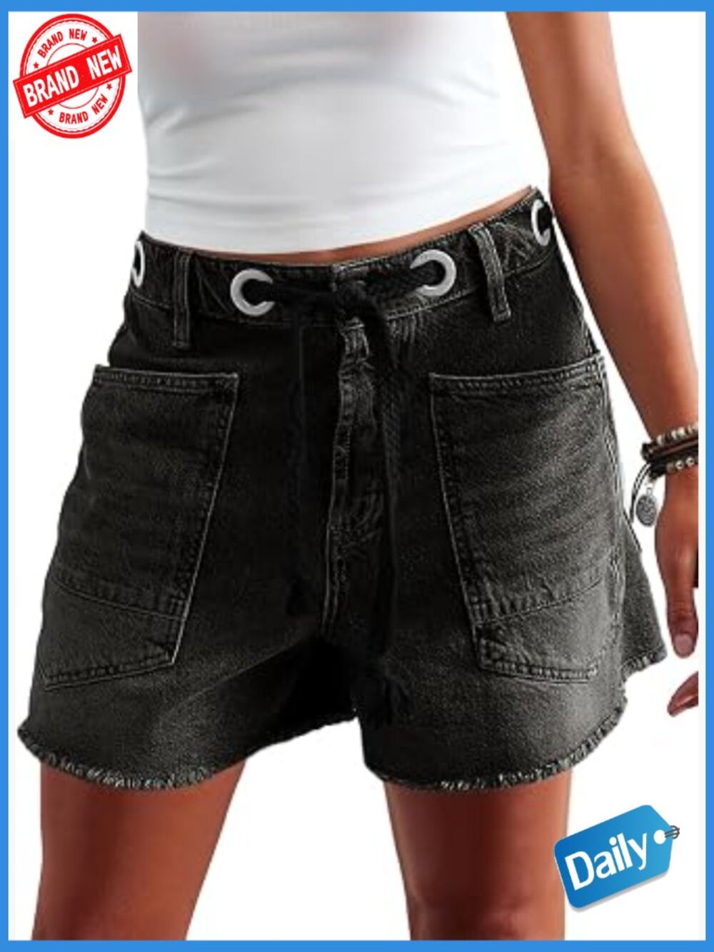 High Rise Drawstring Wide Leg Denim Shorts Baggy Jorts with Pockets